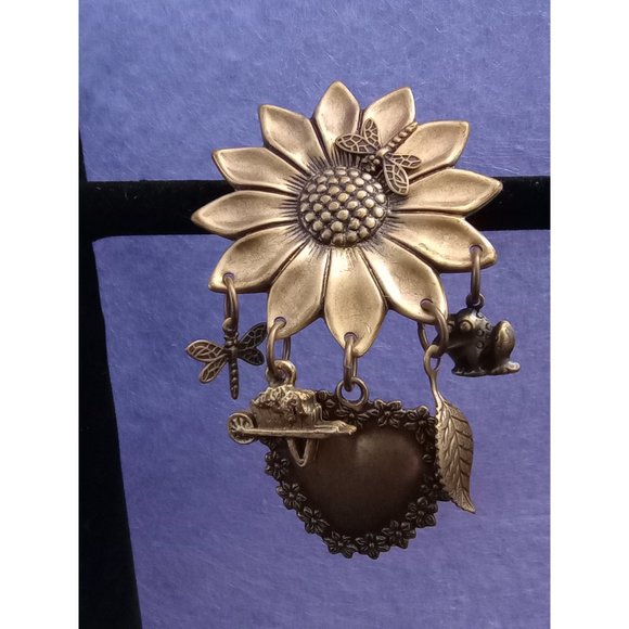 Antiqued Bronze tone Sunflower Gardener Dangles Brooch Pin - Picture 3 of 9